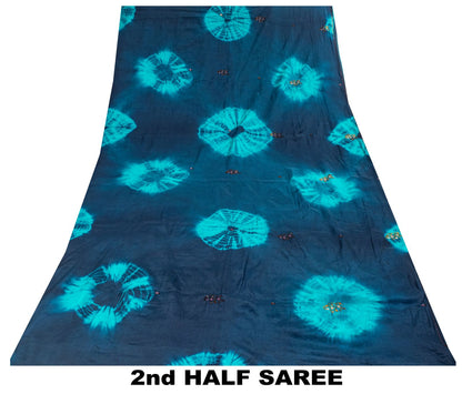 Sanskriti Vintage Saree Blue Pure Crepe Tie-Dye-Hand Embroidered Sari Fabric