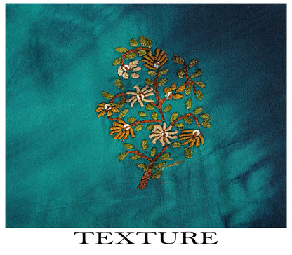 Sanskriti Vintage Saree Blue Pure Crepe Tie-Dye-Hand Embroidered Sari Fabric