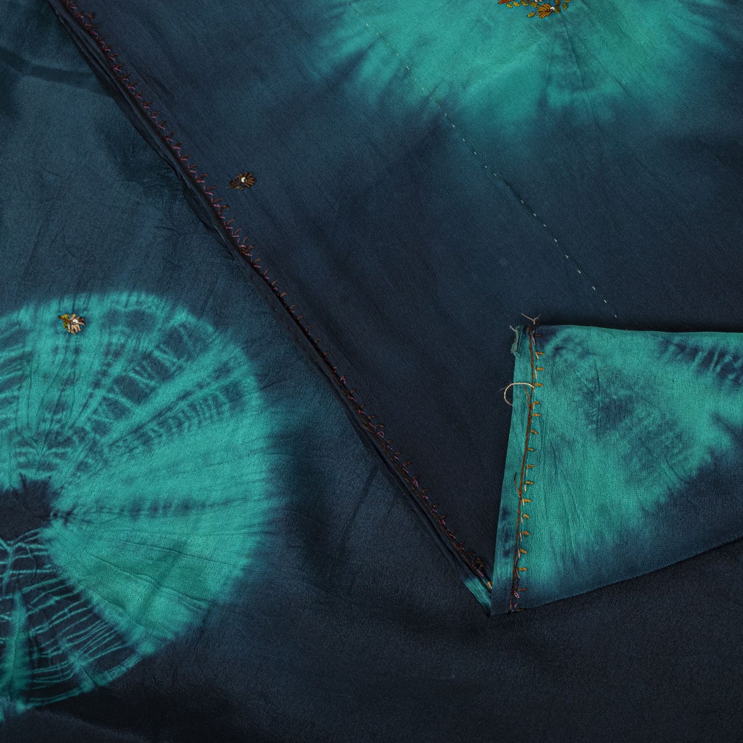 Sanskriti Vintage Saree Blue Pure Crepe Tie-Dye-Hand Embroidered Sari Fabric