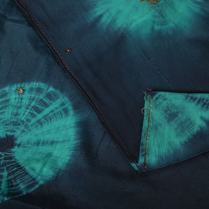 Sanskriti Vintage Saree Blue Pure Crepe Tie-Dye-Hand Embroidered Sari Fabric
