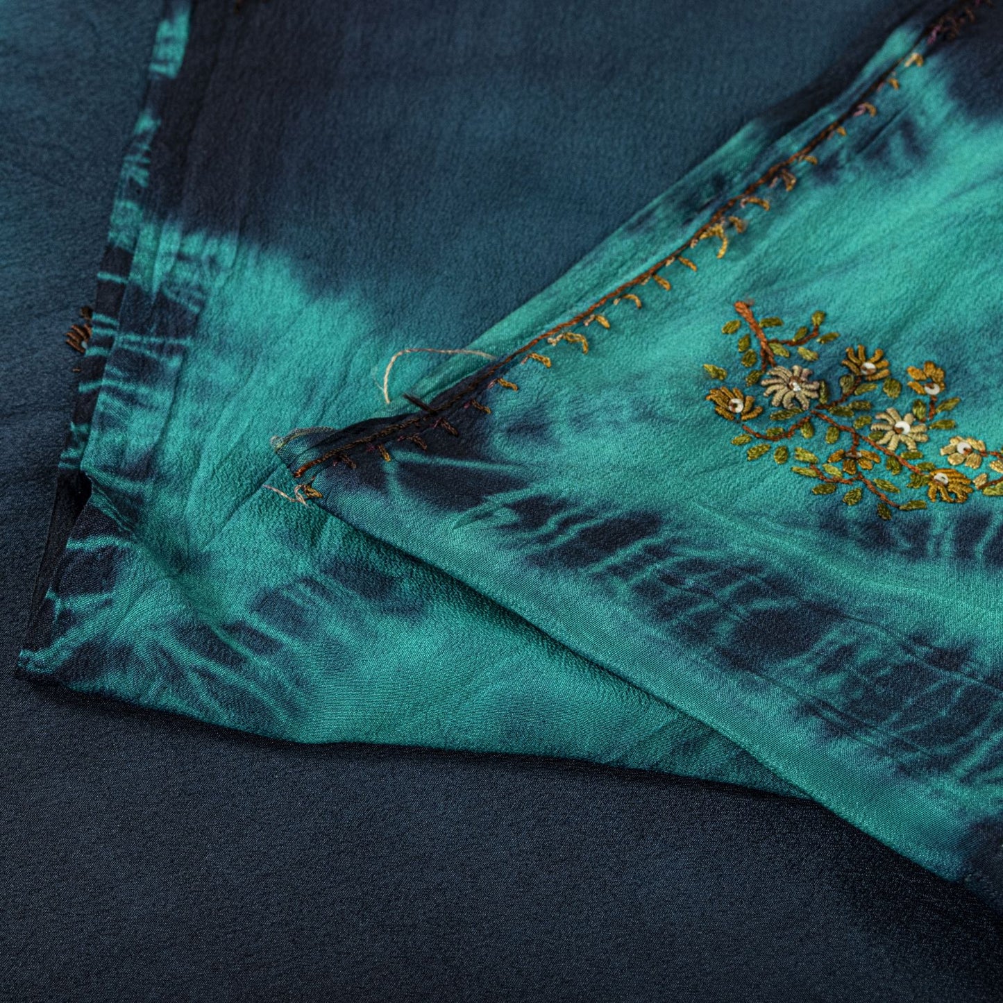 Sanskriti Vintage Saree Blue Pure Crepe Tie-Dye-Hand Embroidered Sari Fabric