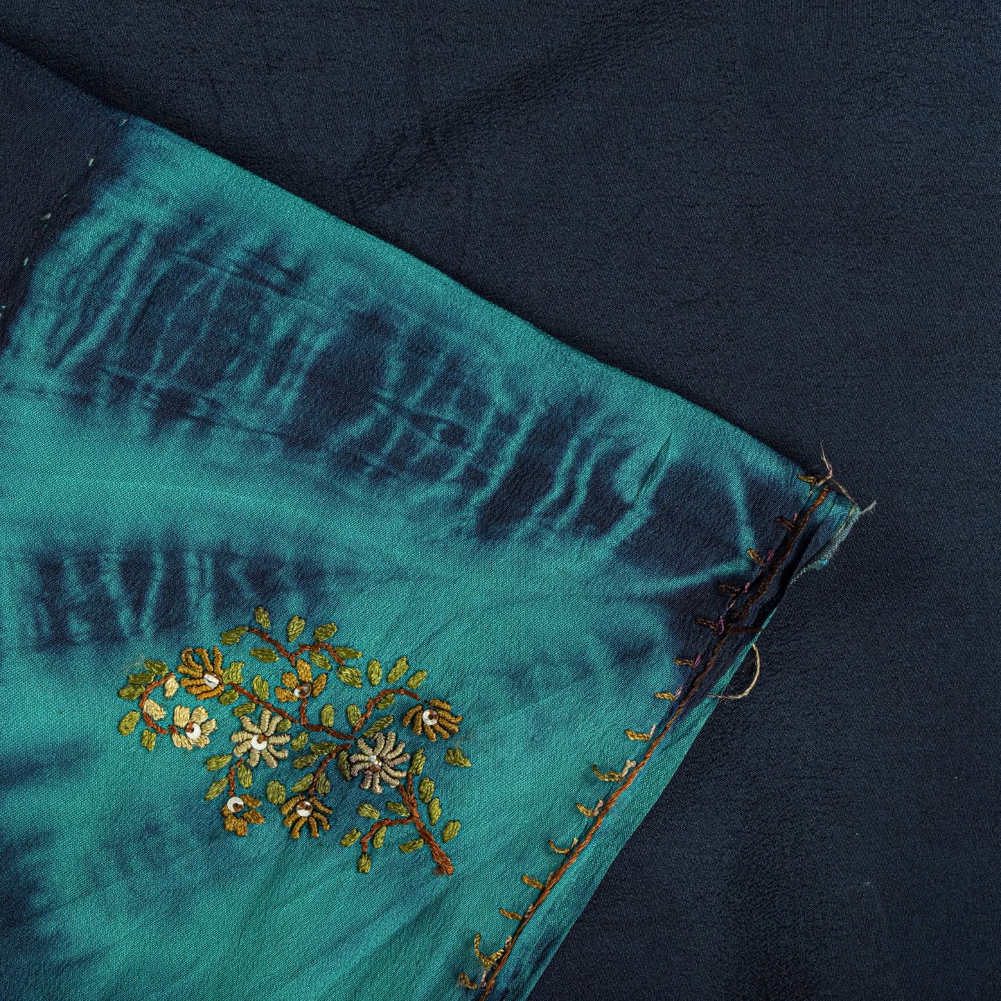 Sanskriti Vintage Saree Blue Pure Crepe Tie-Dye-Hand Embroidered Sari Fabric