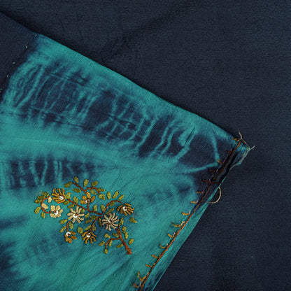 Sanskriti Vintage Saree Blue Pure Crepe Tie-Dye-Hand Embroidered Sari Fabric