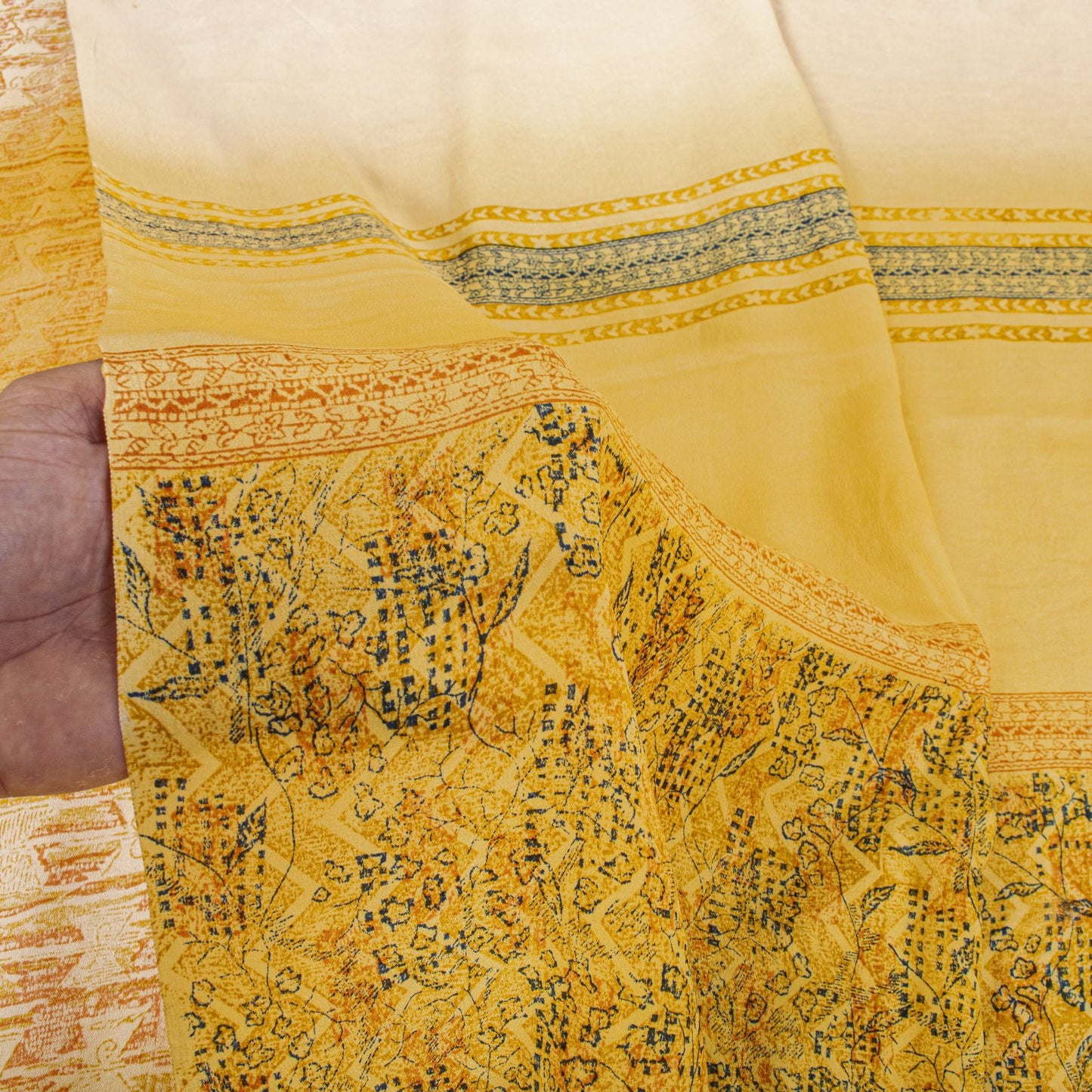 Sanskriti Vintage Saree Yellow Pure Crepe Drum Floral Printed Sari 5+Yard Fabric