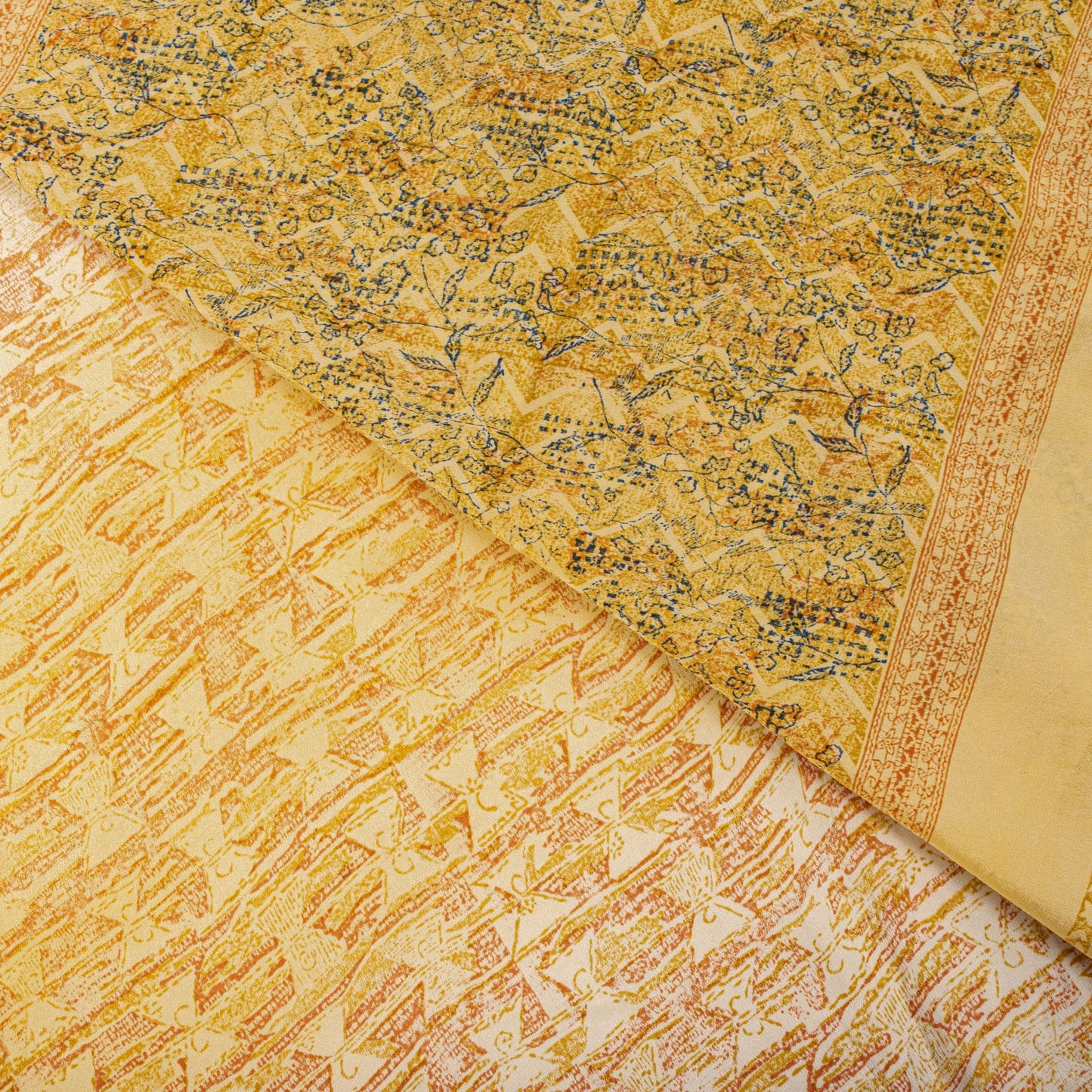Sanskriti Vintage Saree Yellow Pure Crepe Drum Floral Printed Sari 5+Yard Fabric