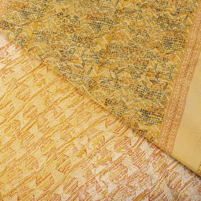Sanskriti Vintage Saree Yellow Pure Crepe Drum Floral Printed Sari 5+Yard Fabric