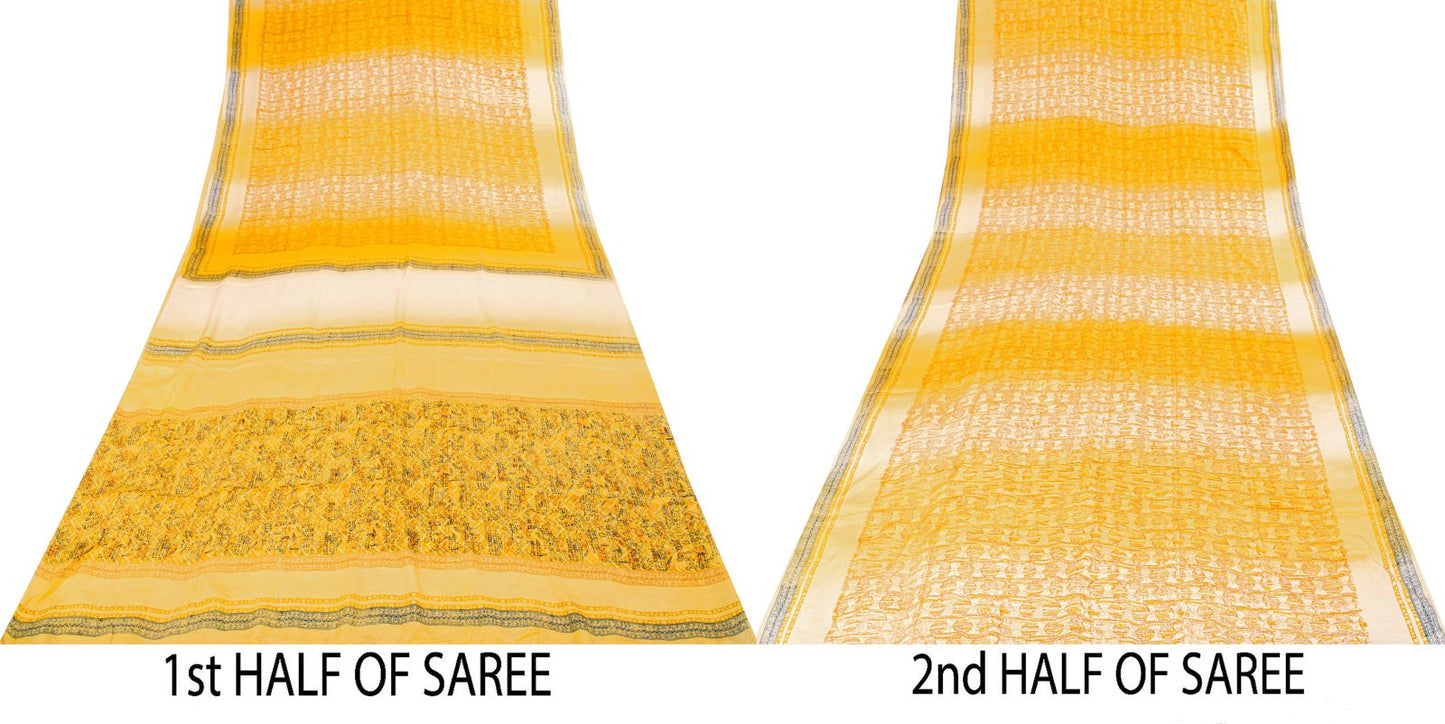 Sanskriti Vintage Saree Yellow Pure Crepe Drum Floral Printed Sari 5+Yard Fabric