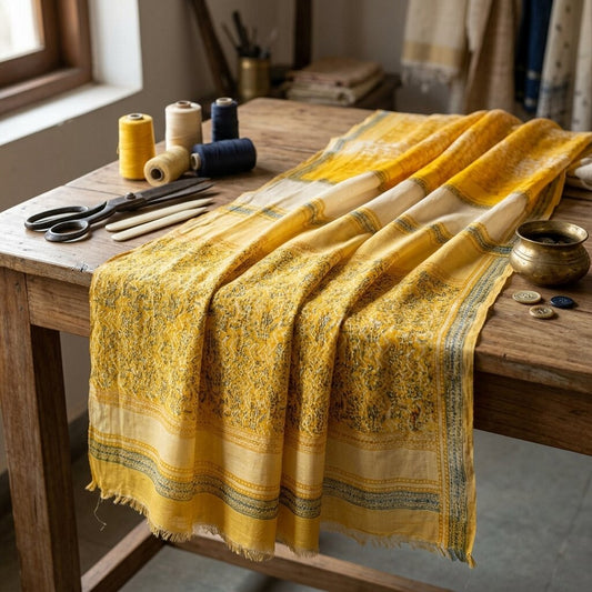 Sanskriti Vintage Saree Yellow Pure Crepe Drum Floral Printed Sari 5+Yard Fabric
