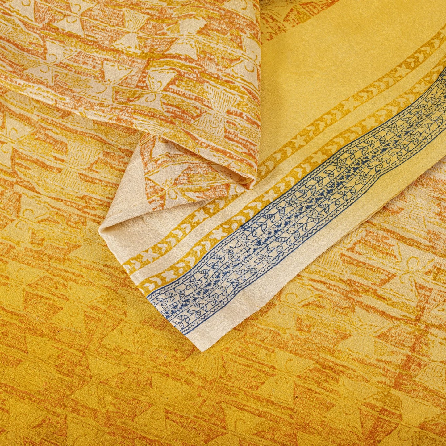Sanskriti Vintage Saree Yellow Pure Crepe Drum Floral Printed Sari 5+Yard Fabric