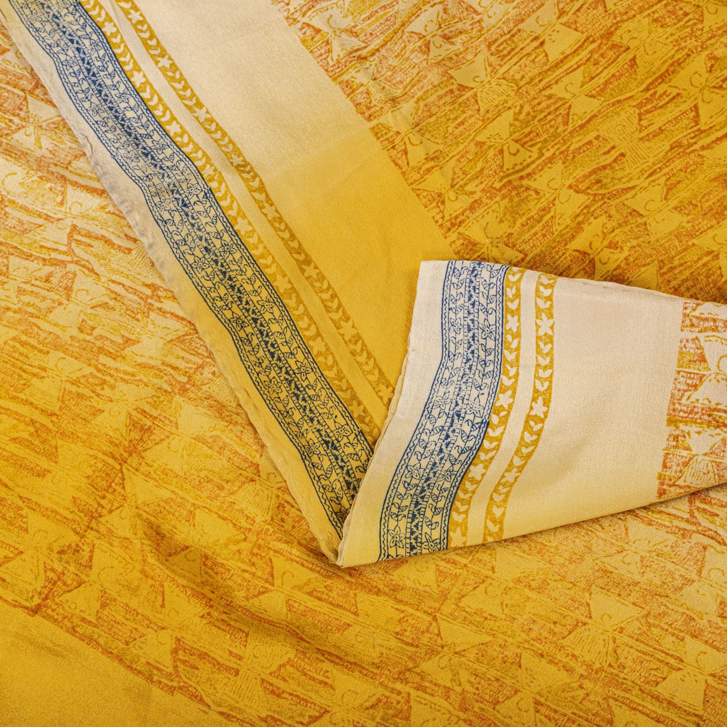 Sanskriti Vintage Saree Yellow Pure Crepe Drum Floral Printed Sari 5+Yard Fabric