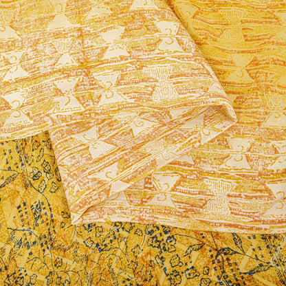 Sanskriti Vintage Saree Yellow Pure Crepe Drum Floral Printed Sari 5+Yard Fabric