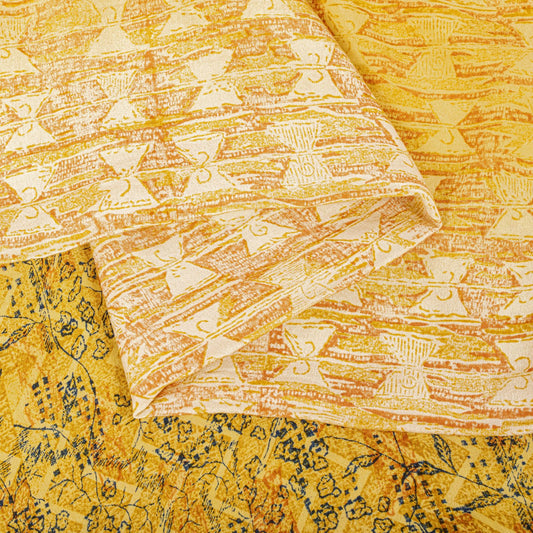 Sanskriti Vintage Saree Yellow Pure Crepe Drum Floral Printed Sari 5+Yard Fabric