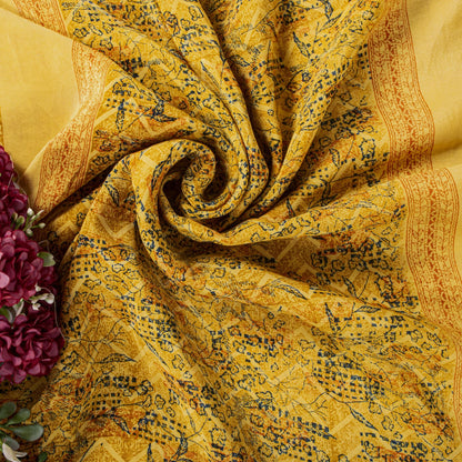 Sanskriti Vintage Saree Yellow Pure Crepe Drum Floral Printed Sari 5+Yard Fabric