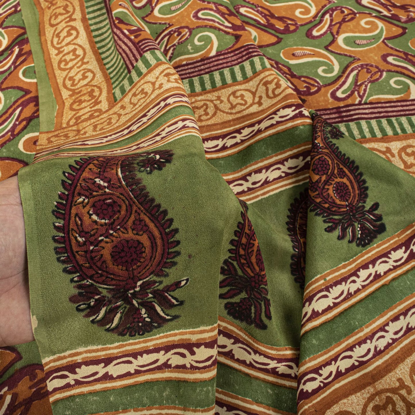 Sanskriti Vintage Saree Green Pure Crepe Paisley Printed Sari 5.5+Yard Fabric