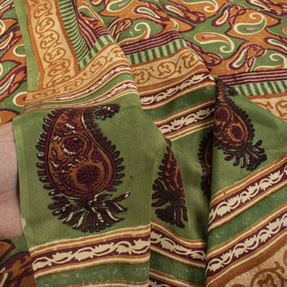 Sanskriti Vintage Saree Green Pure Crepe Paisley Printed Sari 5.5+Yard Fabric