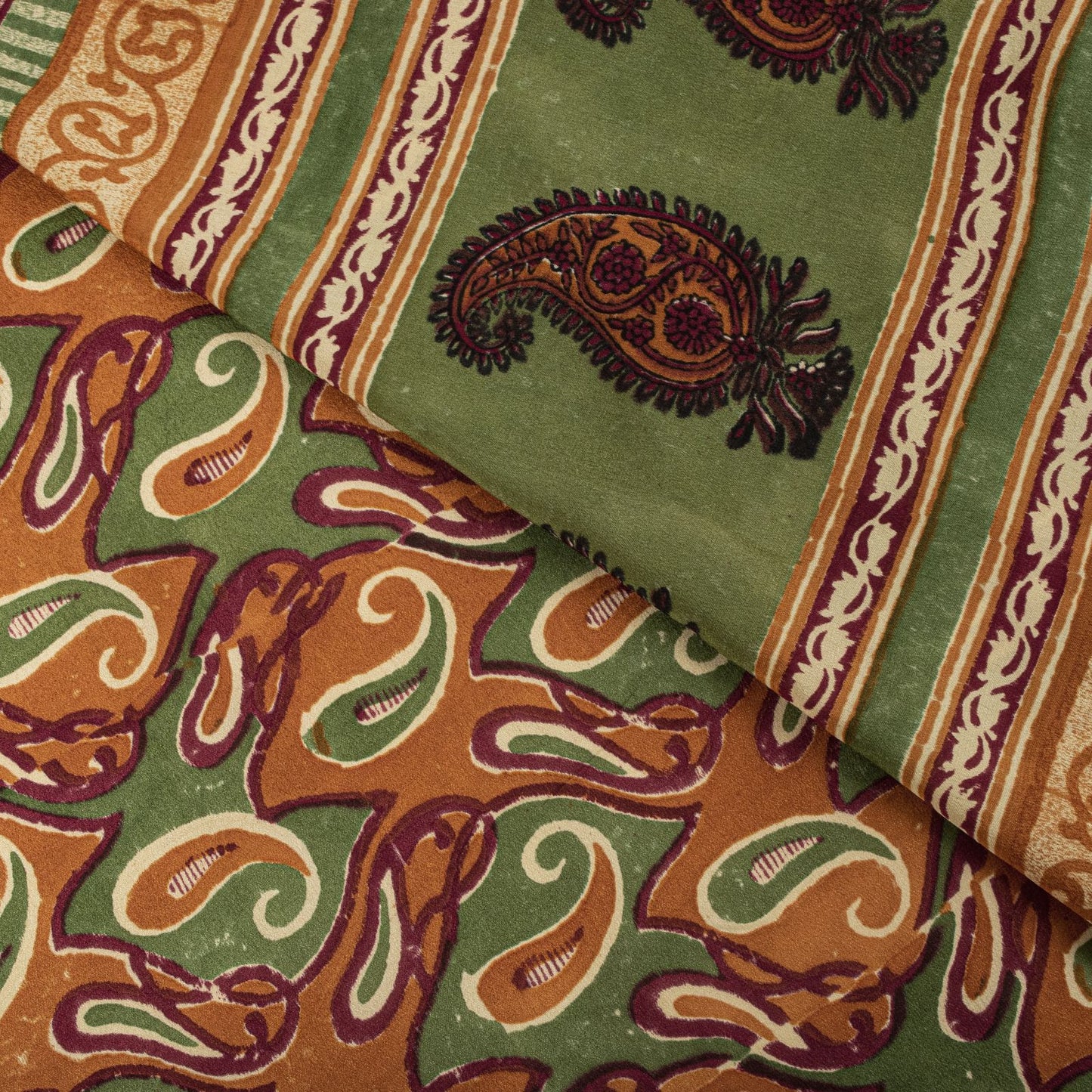Sanskriti Vintage Saree Green Pure Crepe Paisley Printed Sari 5.5+Yard Fabric