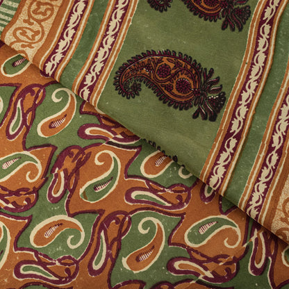 Sanskriti Vintage Saree Green Pure Crepe Paisley Printed Sari 5.5+Yard Fabric