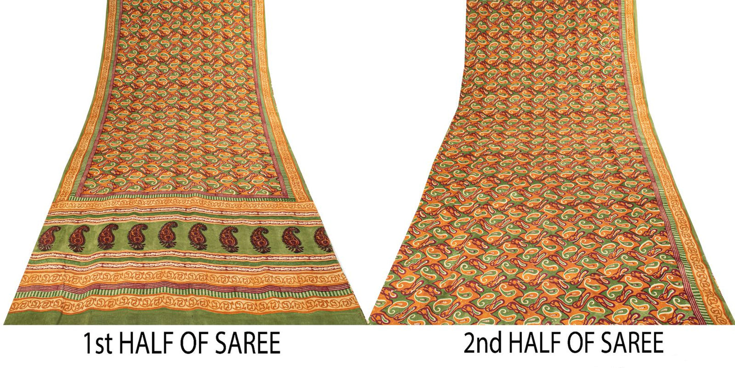 Sanskriti Vintage Saree Green Pure Crepe Paisley Printed Sari 5.5+Yard Fabric