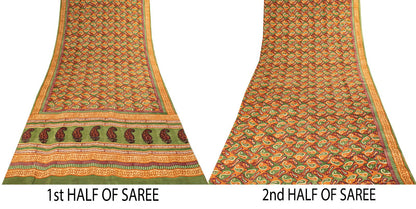 Sanskriti Vintage Saree Green Pure Crepe Paisley Printed Sari 5.5+Yard Fabric