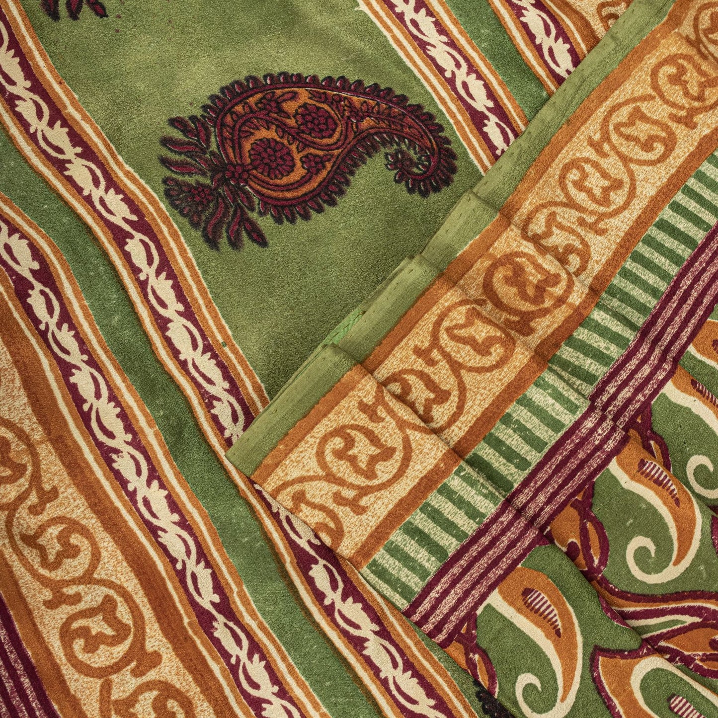 Sanskriti Vintage Saree Green Pure Crepe Paisley Printed Sari 5.5+Yard Fabric