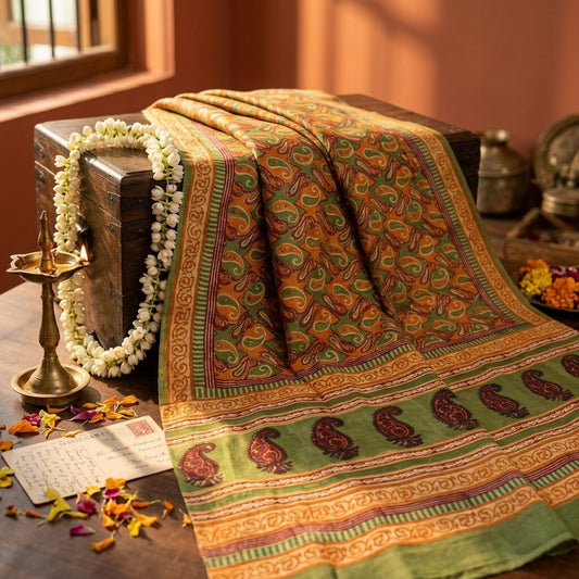 Sanskriti Vintage Saree Green Pure Crepe Paisley Printed Sari 5.5+Yard Fabric