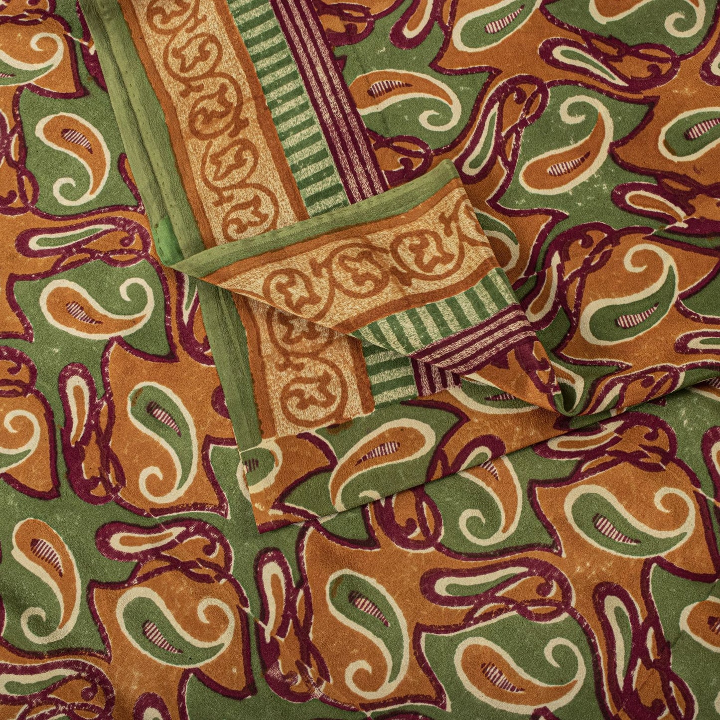 Sanskriti Vintage Saree Green Pure Crepe Paisley Printed Sari 5.5+Yard Fabric
