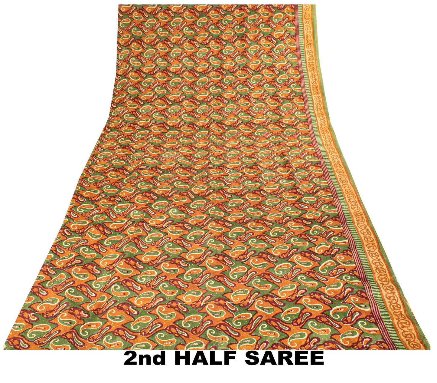 Sanskriti Vintage Saree Green Pure Crepe Paisley Printed Sari 5.5+Yard Fabric