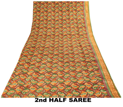 Sanskriti Vintage Saree Green Pure Crepe Paisley Printed Sari 5.5+Yard Fabric