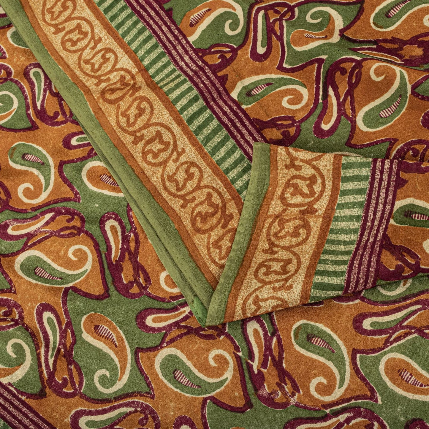 Sanskriti Vintage Saree Green Pure Crepe Paisley Printed Sari 5.5+Yard Fabric