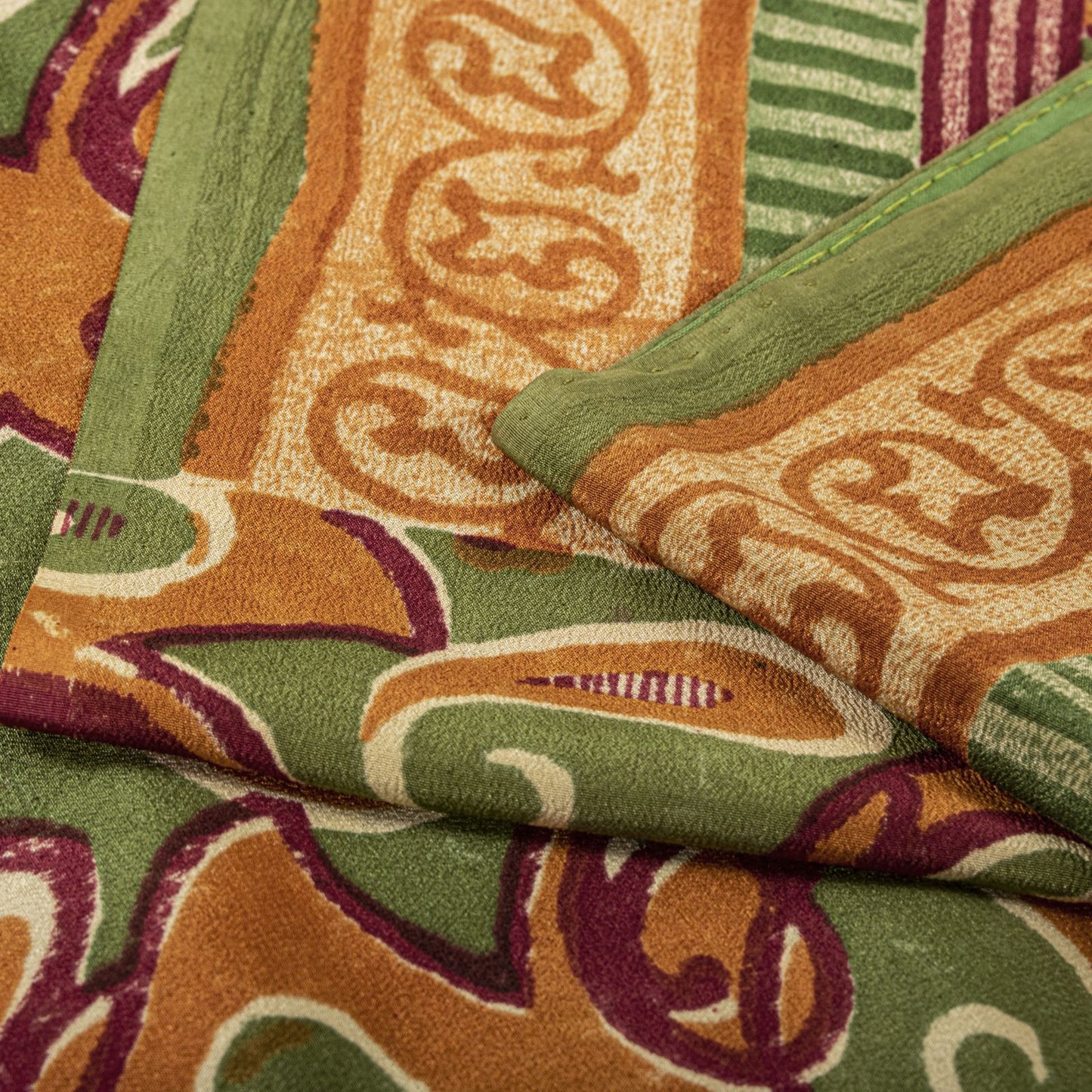 Sanskriti Vintage Saree Green Pure Crepe Paisley Printed Sari 5.5+Yard Fabric