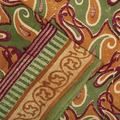 Sanskriti Vintage Saree Green Pure Crepe Paisley Printed Sari 5.5+Yard Fabric