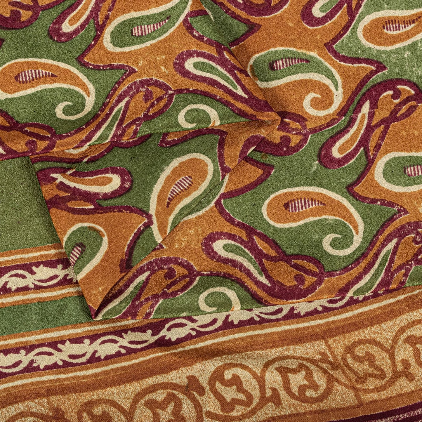 Sanskriti Vintage Saree Green Pure Crepe Paisley Printed Sari 5.5+Yard Fabric