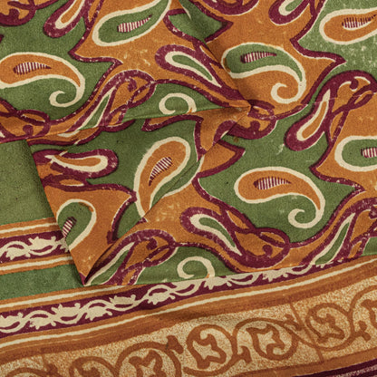 Sanskriti Vintage Saree Green Pure Crepe Paisley Printed Sari 5.5+Yard Fabric