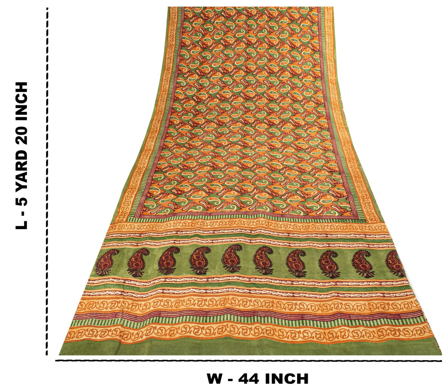 Sanskriti Vintage Saree Green Pure Crepe Paisley Printed Sari 5.5+Yard Fabric