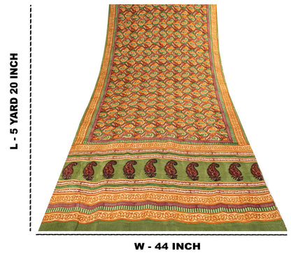 Sanskriti Vintage Saree Green Pure Crepe Paisley Printed Sari 5.5+Yard Fabric