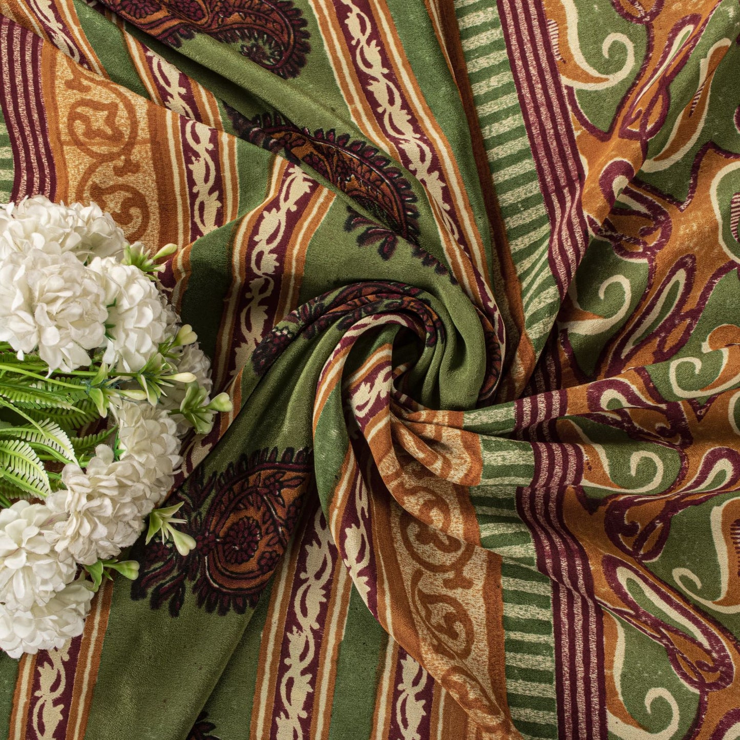 Sanskriti Vintage Saree Green Pure Crepe Paisley Printed Sari 5.5+Yard Fabric