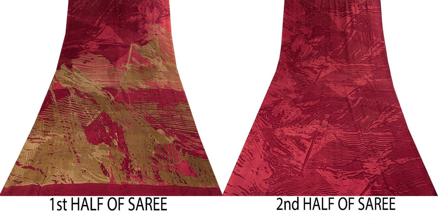 Sanskriti Vintage Saree Maroon Pure Crepe Abstract Printed Sari 5.5+Yard Fabric