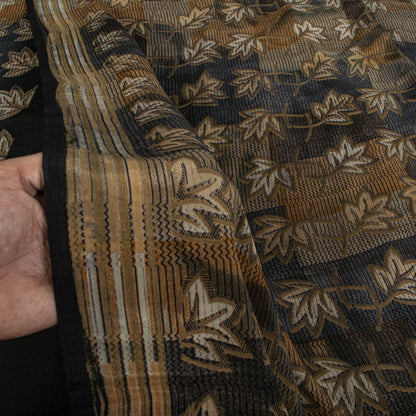 Sanskriti Vintage Saree Black Pure Crepe Floral Print Sari 5.5+Yard Craft Fabric