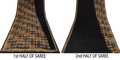 Sanskriti Vintage Saree Black Pure Crepe Floral Print Sari 5.5+Yard Craft Fabric