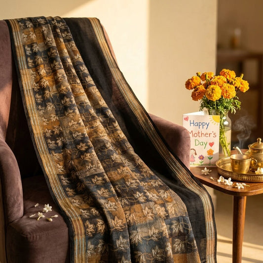 Sanskriti Vintage Saree Black Pure Crepe Floral Print Sari 5.5+Yard Craft Fabric