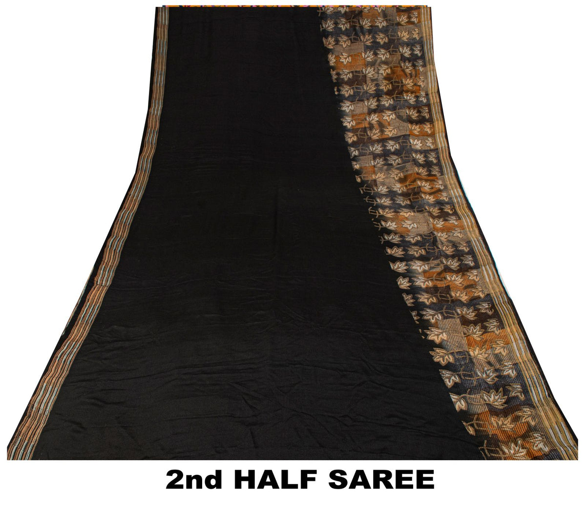 Sanskriti Vintage Saree Black Pure Crepe Floral Print Sari 5.5+Yard Craft Fabric