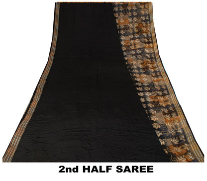 Sanskriti Vintage Saree Black Pure Crepe Floral Print Sari 5.5+Yard Craft Fabric