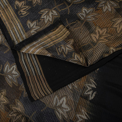 Sanskriti Vintage Saree Black Pure Crepe Floral Print Sari 5.5+Yard Craft Fabric
