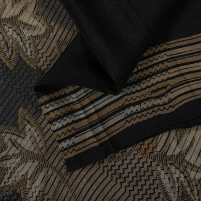 Sanskriti Vintage Saree Black Pure Crepe Floral Print Sari 5.5+Yard Craft Fabric