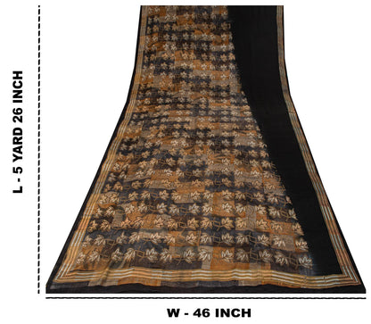 Sanskriti Vintage Saree Black Pure Crepe Floral Print Sari 5.5+Yard Craft Fabric