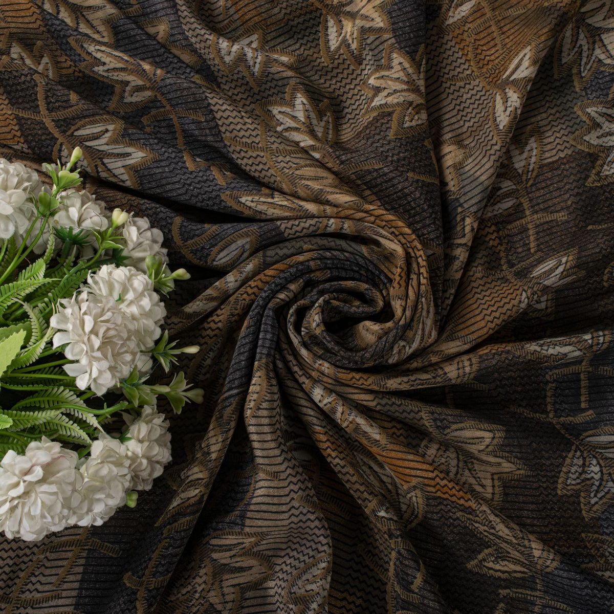 Sanskriti Vintage Saree Black Pure Crepe Floral Print Sari 5.5+Yard Craft Fabric