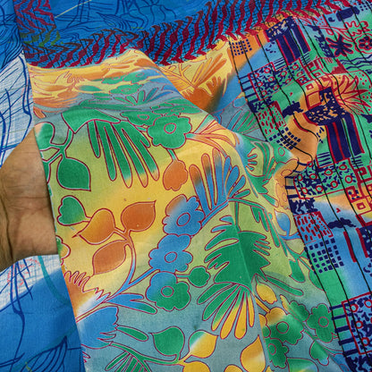 Sanskriti Vintage Saree Blue 100% Pure Crepe Floral Printed Sari 5.5+Yard Fabric