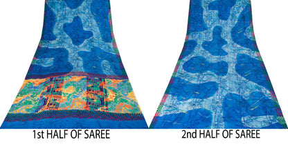 Sanskriti Vintage Saree Blue 100% Pure Crepe Floral Printed Sari 5.5+Yard Fabric