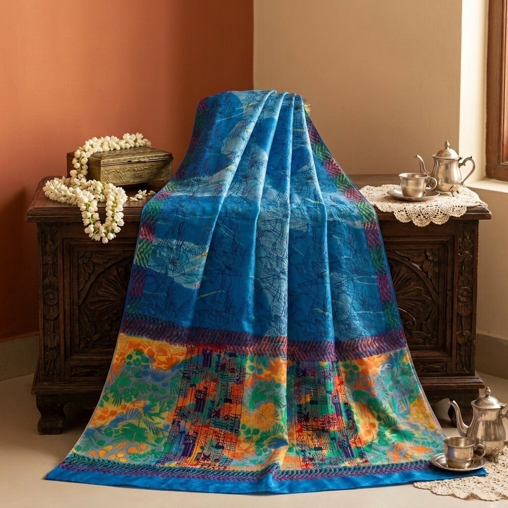 Sanskriti Vintage Saree Blue 100% Pure Crepe Floral Printed Sari 5.5+Yard Fabric