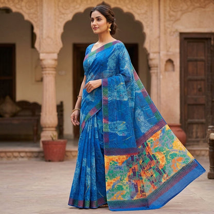 Sanskriti Vintage Saree Blue 100% Pure Crepe Floral Printed Sari 5.5+Yard Fabric
